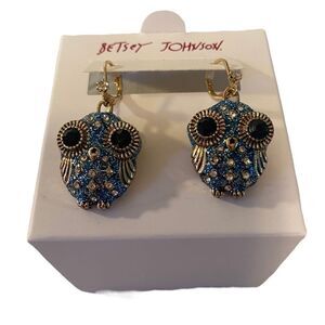 Betsey Johnson Sparkly Blue Pave Crystal & Antiqued GoldโToned OwlโLeverbacks